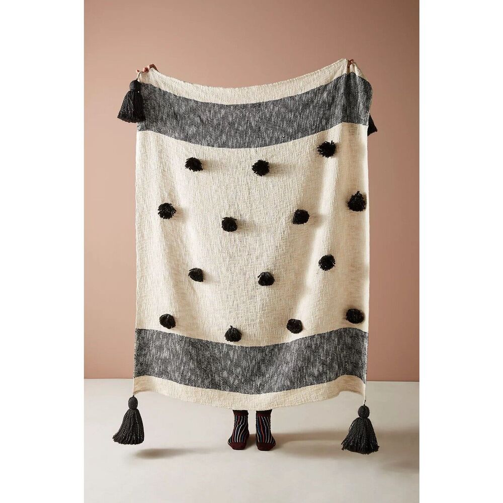 Anthropologie Ivory Throw with Black Pom-Poms and Striped Borders